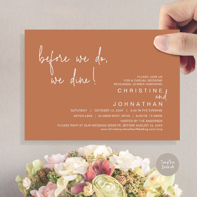 Invitación Antes De Que Comamos, Cena De Ensayos, Verde Masaj (Before We Do, We Dine, Wedding Rehearsal Dinner Invitation Card, PDF, in Copper Rust)