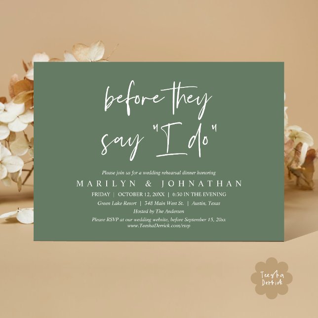 Invitación Antes de que digan "Lo hago", Boda ensayaba la cen (Before They Say I Do, Rustic Modern Wedding Rehearsal Dinner Invites Card PDF Greenery Sage Green)