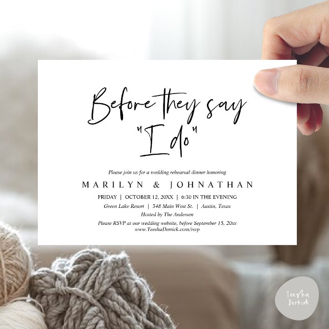 Invitación Antes de que digan "Lo hago", Boda ensayaba la cen (Before They Say "I Do", Wedding Rehearsal Dinner Party Invitation Card, PDF, White Black)