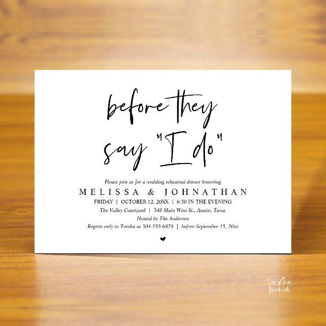 Invitación Antes de que digan "Sí, acepto", Cena de Ensayo de (Before They Say "I Do", Modern Wedding Rehearsal Dinner Invitation Card in black and white)