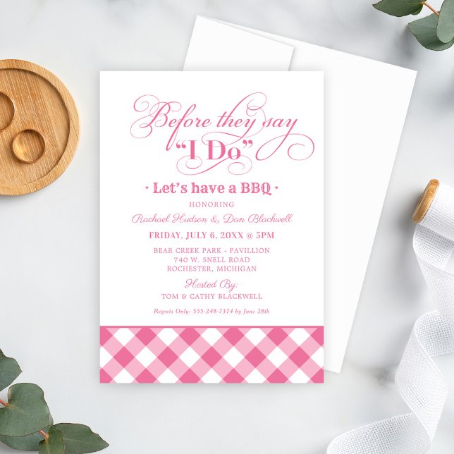 Invitación Antes de que Digan Sí BBQ Pink Gingham (Subido por el creador)