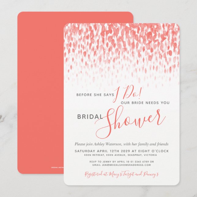 Invitación Antes de que duche novia coral arte acuarela (Anverso / Reverso)