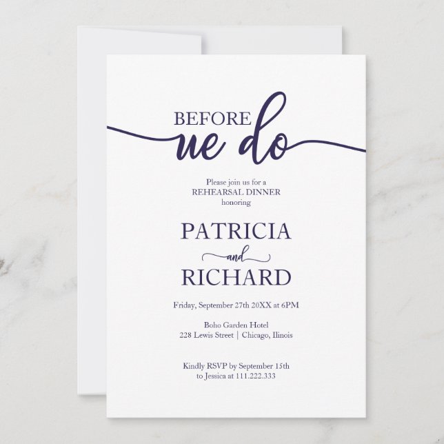 Invitación Antes de que hagamos la cena del ensayo azul de la (Anverso)