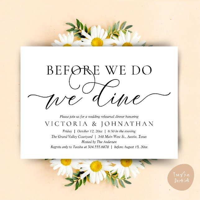 Invitación Antes De Que Lo Hagamos, Cena De Ensayos Bodas (Before We Do, We Dine,  Wedding Rehearsal Dinner Party Classy Romantic Invites Card PDF White Black)