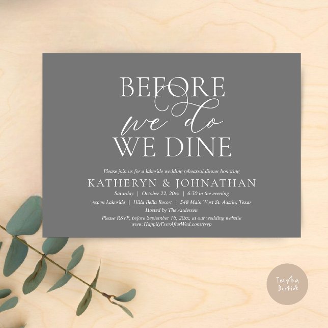Invitación Antes De Que Lo Hagamos, Cena De Ensayos Bodas (Before We Do, We Dine, Wedding Rehearsal Dinner Invitation Card, PDF, in Romantic Script, Dark Grey)