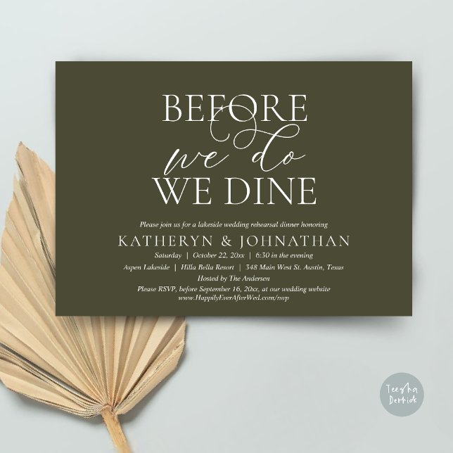 Invitación Antes De Que Lo Hagamos, Cena De Ensayos Bodas (Before We Do, We Dine, Wedding Rehearsal Dinner Invitation Card, PDF, in Romantic Script, Olive )