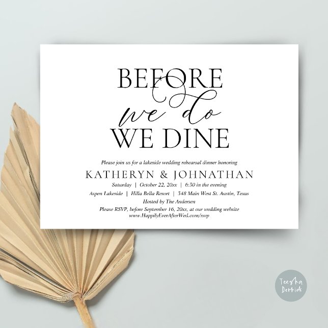 Invitación Antes De Que Lo Hagamos, Cena De Ensayos Bodas (Before We Do, We Dine, Wedding Rehearsal Dinner Invitation Card, PDF, in Romantic Script, Black)