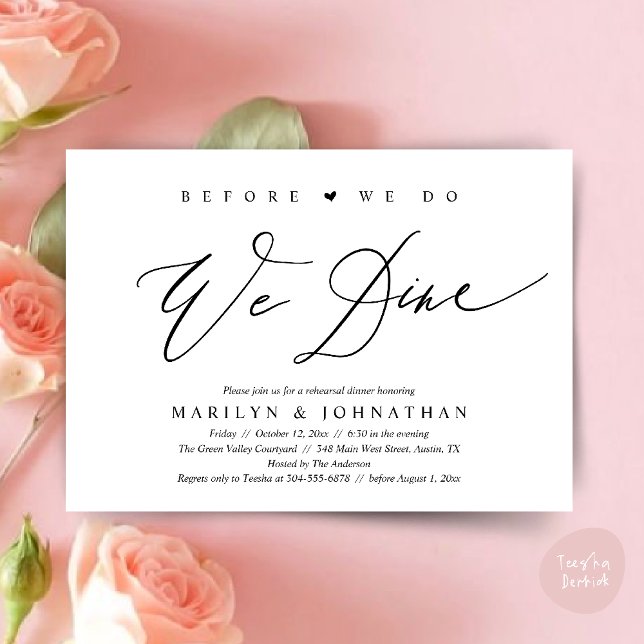 Invitación Antes de que lo hagamos, cenamos, Boda Cena de ens (Before we do, we dine, Modern Wedding Rehearsal Romantic Dinner Invitation Card PDF Black White)