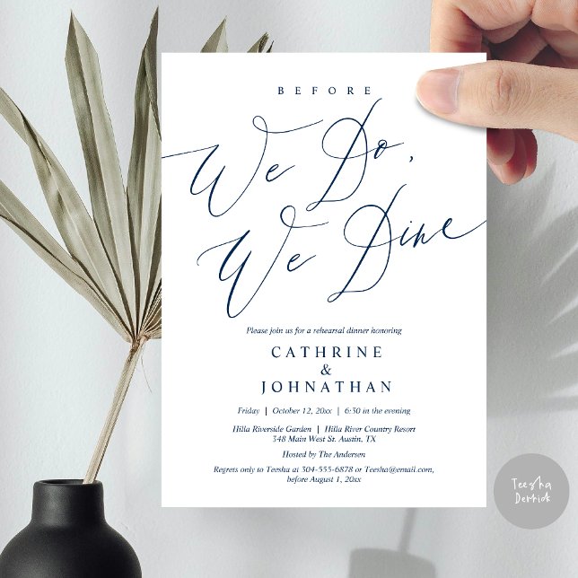 Invitación Antes de que lo hagamos, cenamos, Boda Cena de ens (Before we do, we dine, modern romantic wedding rehearsal dinner invitation card, pdf, in navy blue)