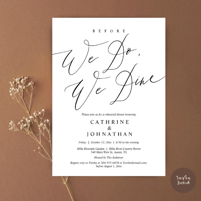 Invitación Antes de que lo hagamos, cenamos, Boda Cena de ens (Before we do, we dine, modern romantic wedding rehearsal dinner invitation card, pdf, in Black White)
