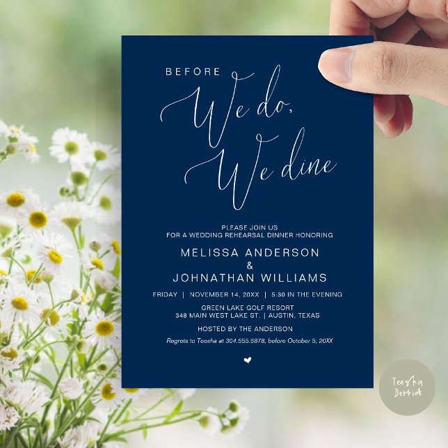 Invitación Antes de que lo hagamos, cenamos, Boda Ensayo Cena (Before We Do, We Dine, Wedding Rehearsal Dinner Invitation Card, PDF, in Navy Blue)