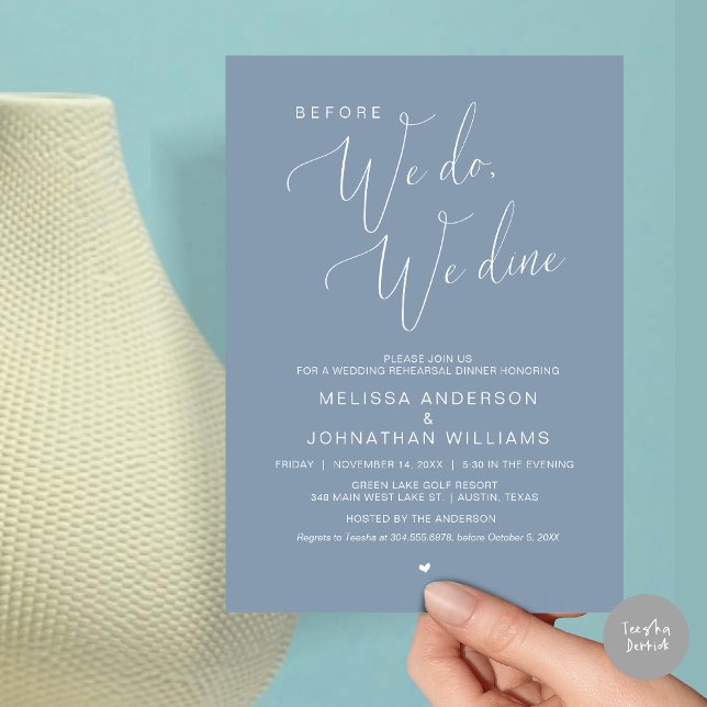 Invitación Antes de que lo hagamos, cenamos, Boda Ensayo Cena (Before We Do, We Dine, Wedding Rehearsal Dinner Invitation Card, PDF, in Dusty Blue)