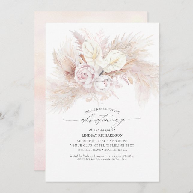 Invitación Anthurium and Pampas Grass Floral Christening (Anverso / Reverso)