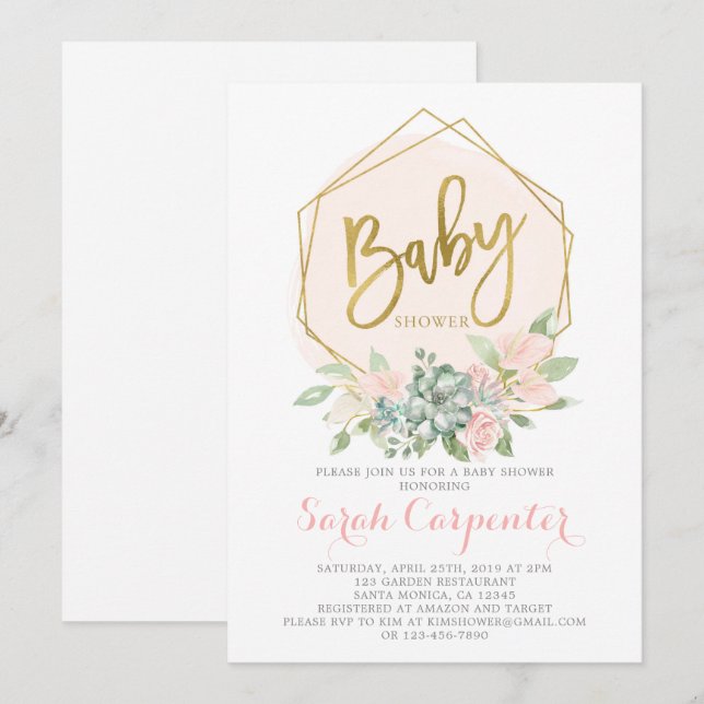 Invitación Anthurium Floral Geometric wreath baby ducha chica (Anverso / Reverso)