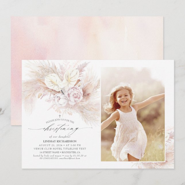 Invitación Anthurium Pampas Grass Floral Christening Photo (Anverso / Reverso)