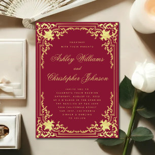Invitación Antigua Boda Ornata Elegante Dorado Falso Borgoña