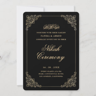 Invitación Antigua Ceremonia de Nikah con Letra Negra y Dorad