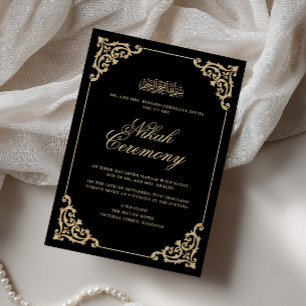 Invitación Antigua Ceremonia de Nikah Dorado Negro Barroco Vi