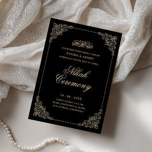 Invitación Antigua Ceremonia de Nikah Negra con Letra Dorada 