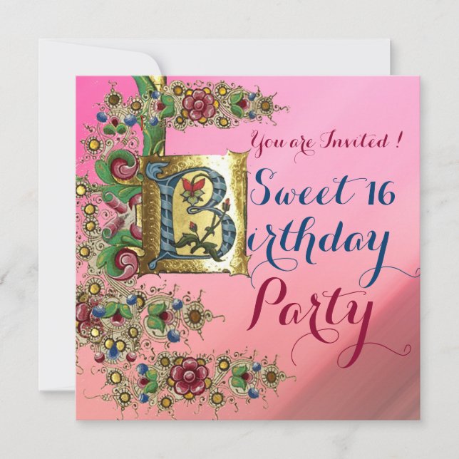 INVITACIÓN ANTIGUA FLORAL GOLD PINK SWEET 16 FIESTA DE CUMPLE (Anverso)