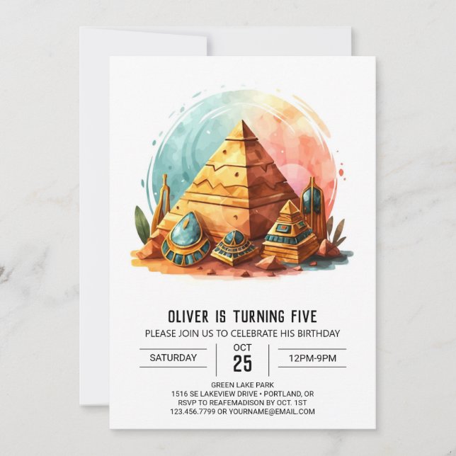 Invitación Antiguas pirámides editables por oro en Egipto Cum (Anverso)