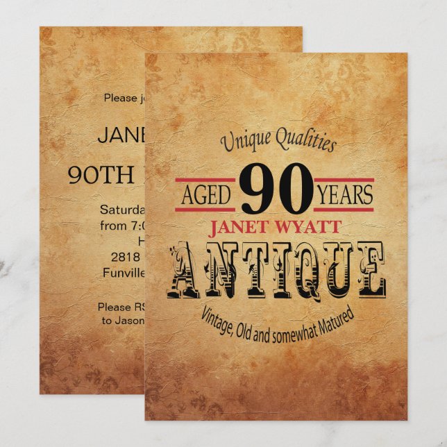 Invitación Antigüedad 90 cumpleaños (Anverso / Reverso)