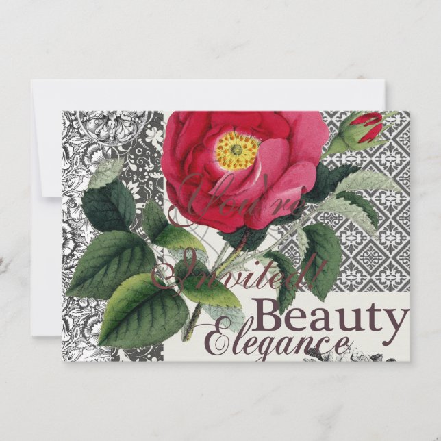 Invitación Antigüedad floral de la Bonito de Damasco Rosa (Anverso)