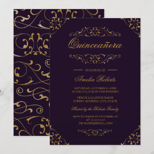 Invitación Antigüedad Púrpura Dorada Quinceañera