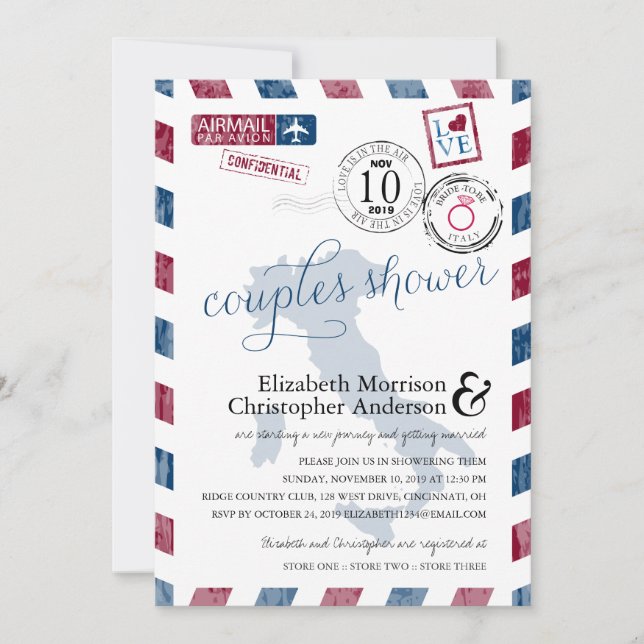 Invitación Antiguo Airmail Italia | Ducha de parejas (Anverso)