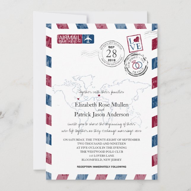 Invitación Antiguo Airmail Nueva Jersey y Francia | Boda (Anverso)