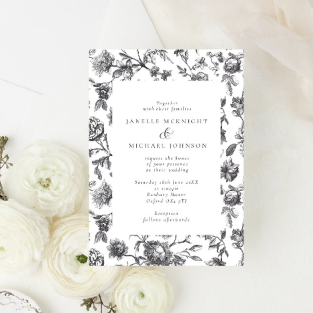 Invitación Antiguo Boda de tela floral blanca y negra (Subido por el creador)