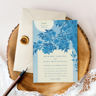 Invitación Antiguo Boda japonés de flores de cerezo azul