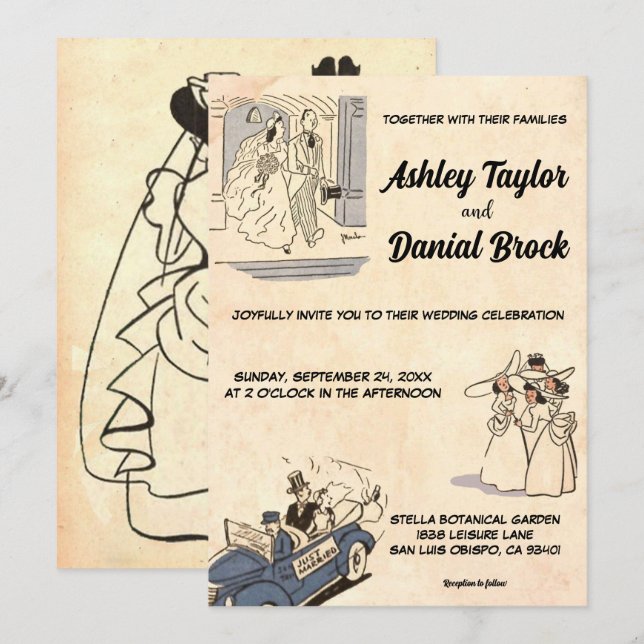 Invitación Antiguo Boda moderno retro vintage (Anverso / Reverso)
