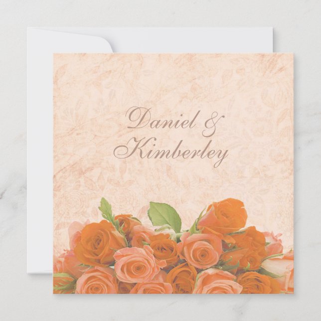 Invitación Antiguo Brocade con Rosas Naranjas Boda (Anverso)