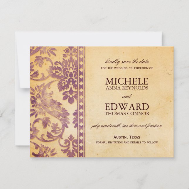 Invitación Antiguo encaje damasco lila para aviso de "Save th (Anverso)