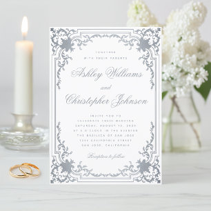 Invitación Antiguo Falso Plata Boda Elegante Ornamentado Blan
