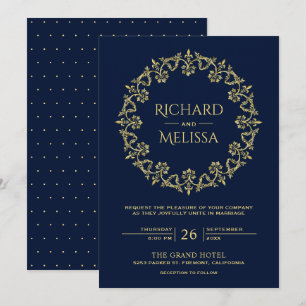 Invitación Antiguo Floreado Ornate Dorado Floral Azul Boda