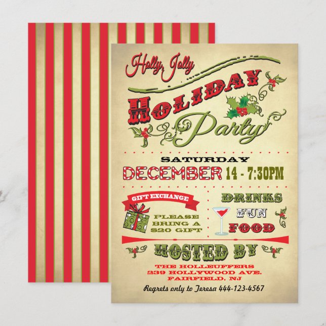 Invitación Antiguo Holly Jolly Holiday Party (Anverso / Reverso)