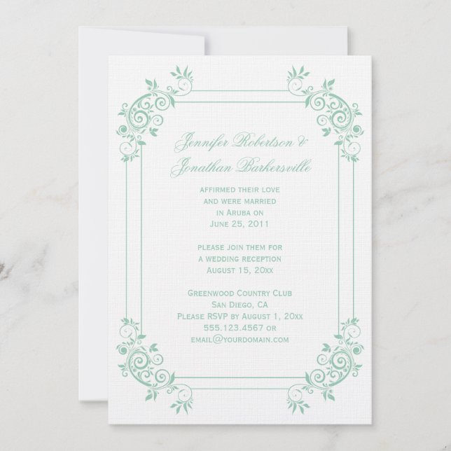 Invitación Antiguo jade ligero blanco floral remolinos post b (Anverso)