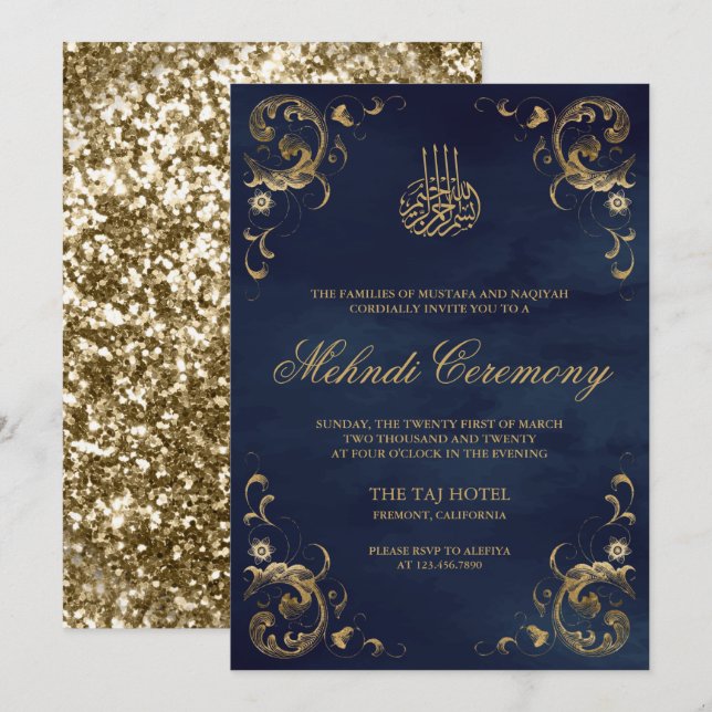 Invitación Antiguo marco de oro Marina azul Mehndi islámico (Anverso / Reverso)