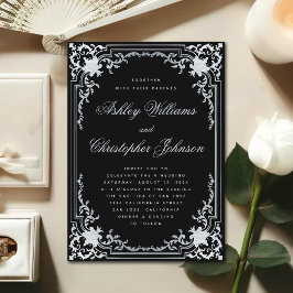 Invitación Antiguo Negro Falso Plateado Elegante Ornado Boda