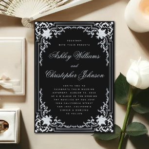 Invitación Antiguo Negro Falso Plateado Elegante Ornado Boda