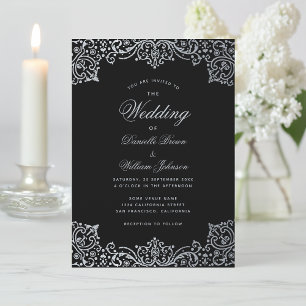 Invitación Antiguo Negro Falso Plateado Elegante Vintage Boda