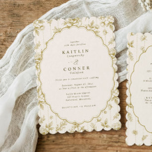 Invitación Antiguo ovalo floral francés de boda en oro y marf