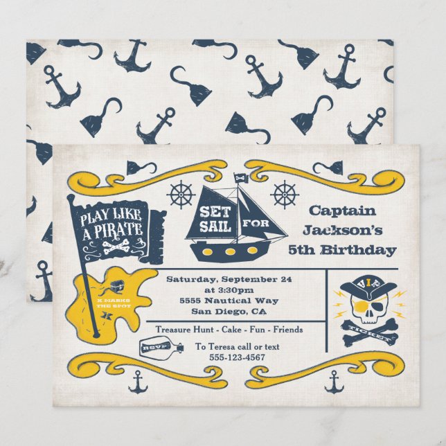 Invitación Antiguo partido de cumpleaños nautical Pirate Tick (Anverso / Reverso)