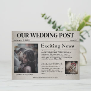 Invitación Antiguo Periódico de Boda Fecha de Guardar para Sa