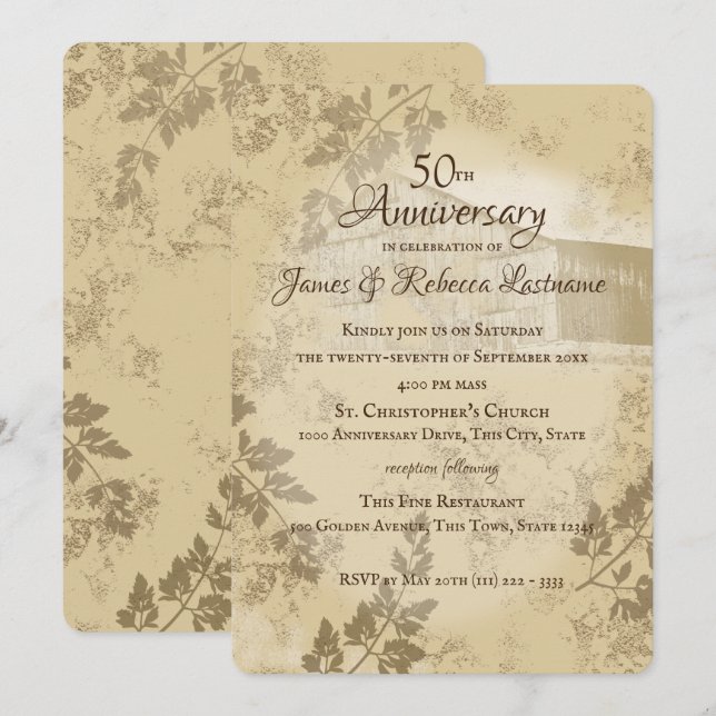 Invitación Antiguo refugio de campo de oro 50 años de Boda (Anverso / Reverso)