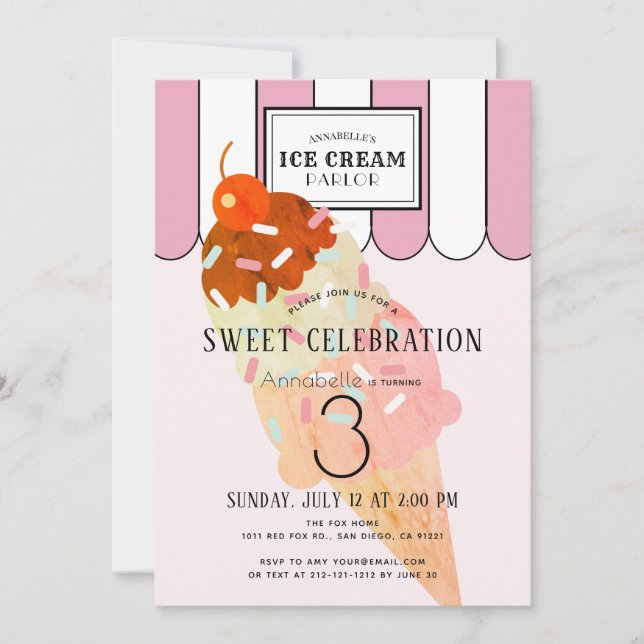 Invitación Antiguo Salón De Crema De Hielo Rosa (Anverso)
