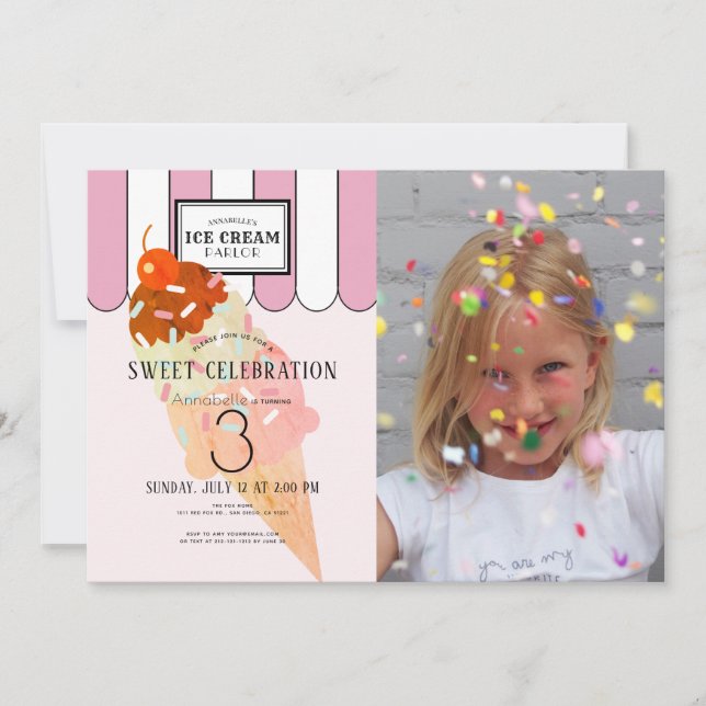 Invitación Antiguo salón de helados rosados de moda Foto Cump (Anverso)