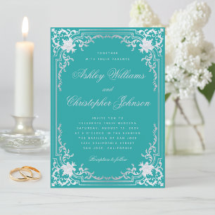 Invitación Antiguo Verde Azulado Falso Plateado Elegante Orna